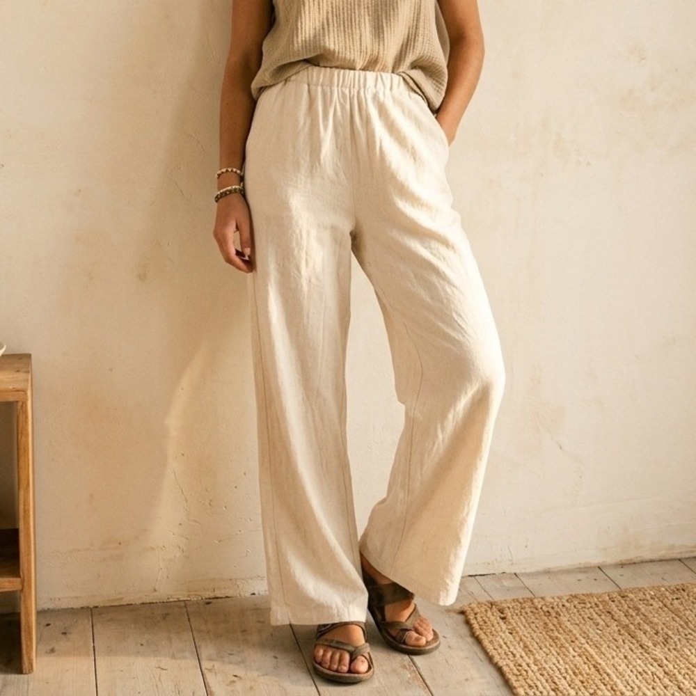 Costana Pants Womens Medium Cream Elastic Waist Textured Straight Leg Coastal